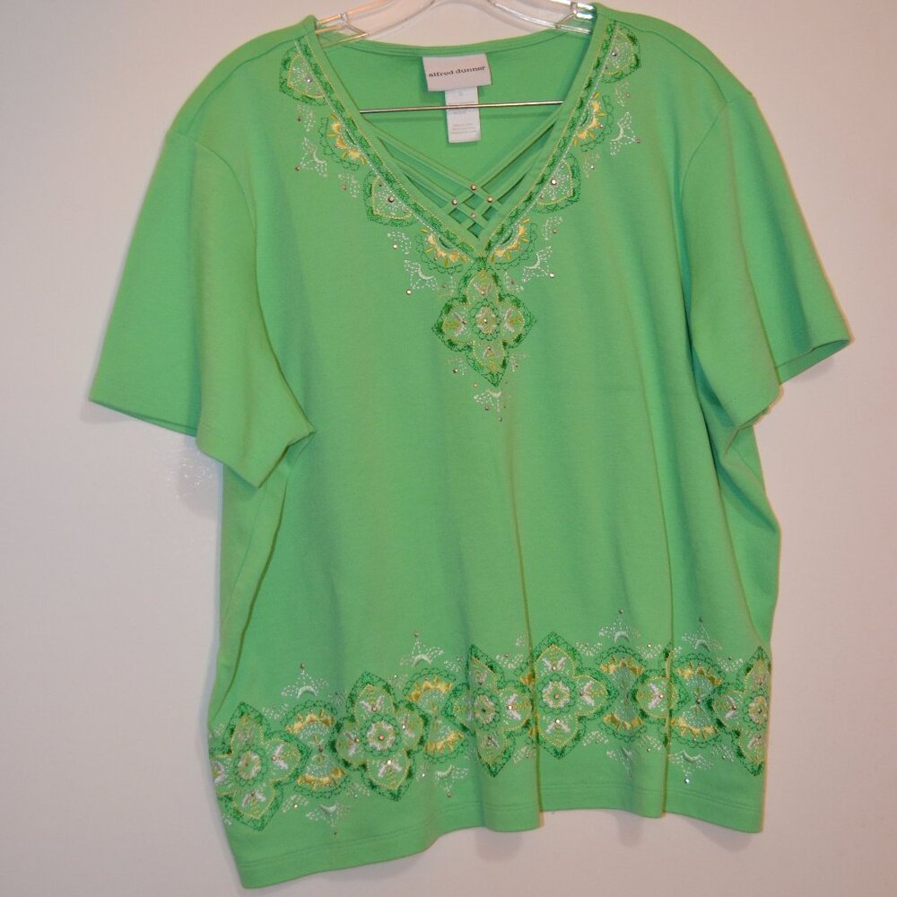 ALFRED DUNNER Green Embroidery V-Neck Crossed Cords Sequences ShortSl  Blouse XL